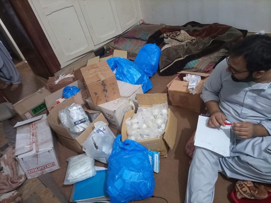 Medicines and supplies prepared before a relief camp